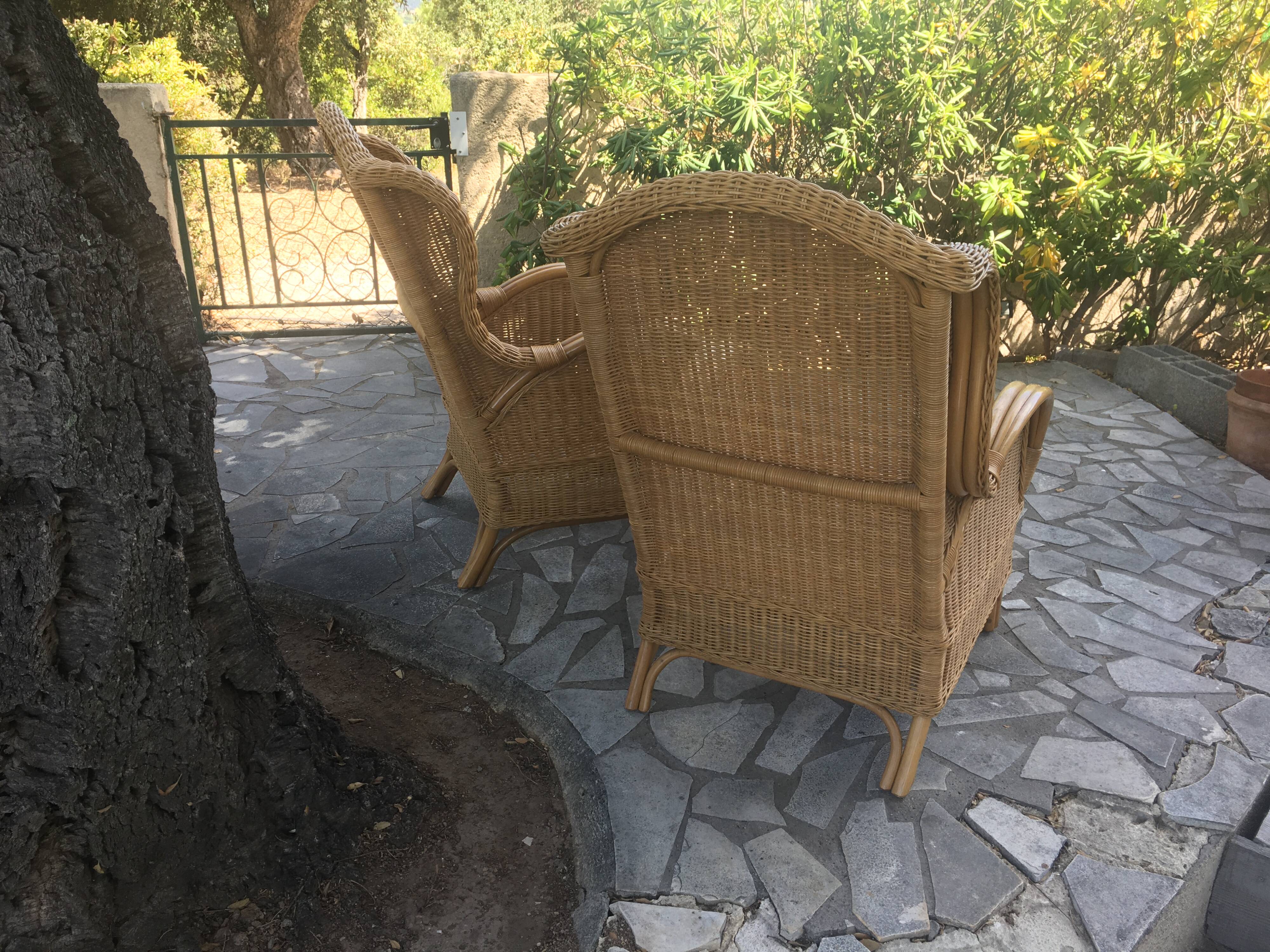 Pair of rattan and bamboo armchairs