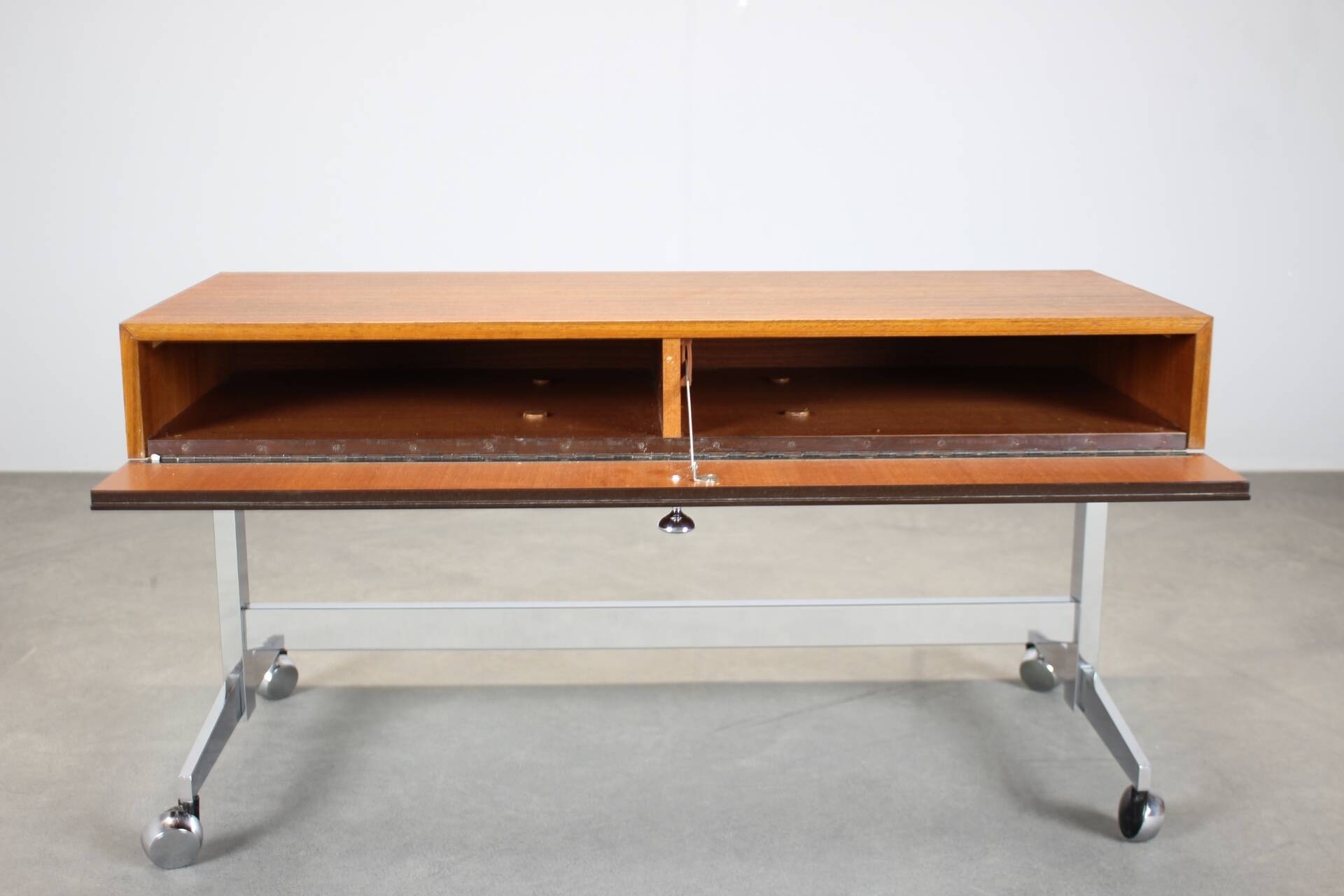 Restored Danish teak rolling media console, 1970s.