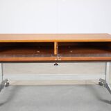 Restored Danish teak rolling media console, 1970s.