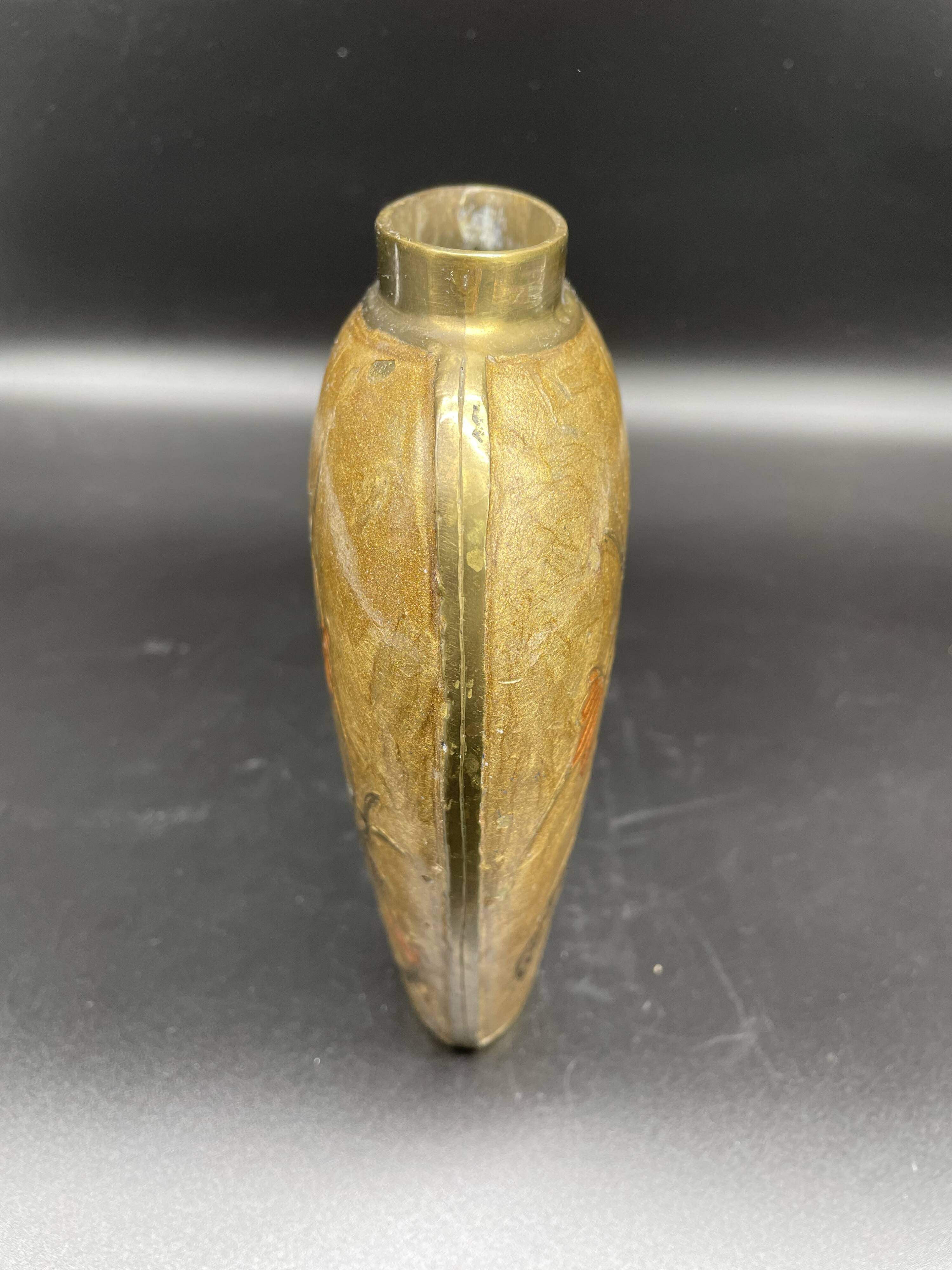 Vase, oblong shape, solid brass, bronze color, cloisonné enamel, floral decoration, flower, orange