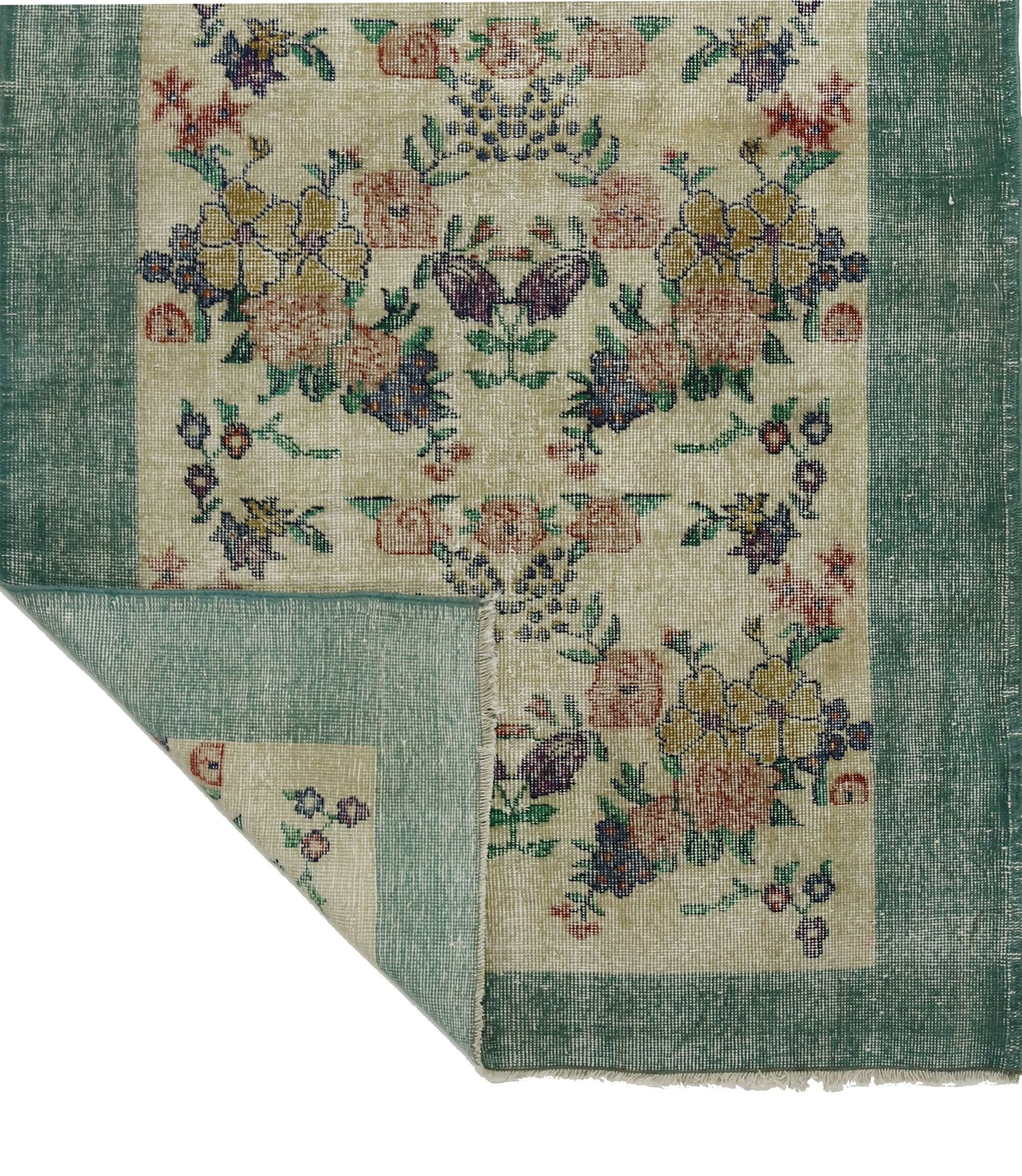 Vintage Turkish Carpet Floral Beige Green 194 x 109 cm