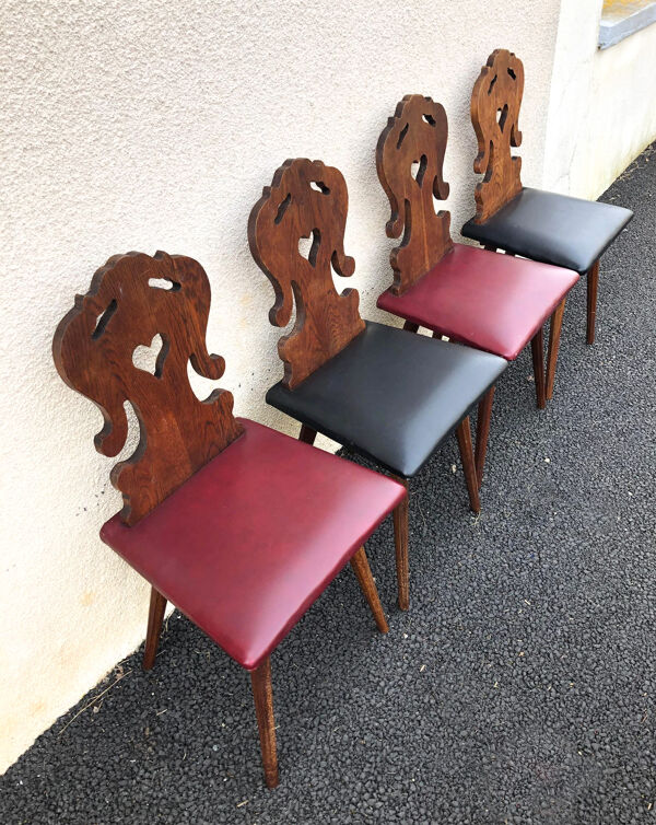 Lot de 4 chaises alsacienne bois et skaï bois sculpté art populaire, cuisine,salon, chalet