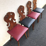 Set of 4 Alsatian chairs, wooden and skaï chair, carved wood, folk art, kitchen, living room, chalet