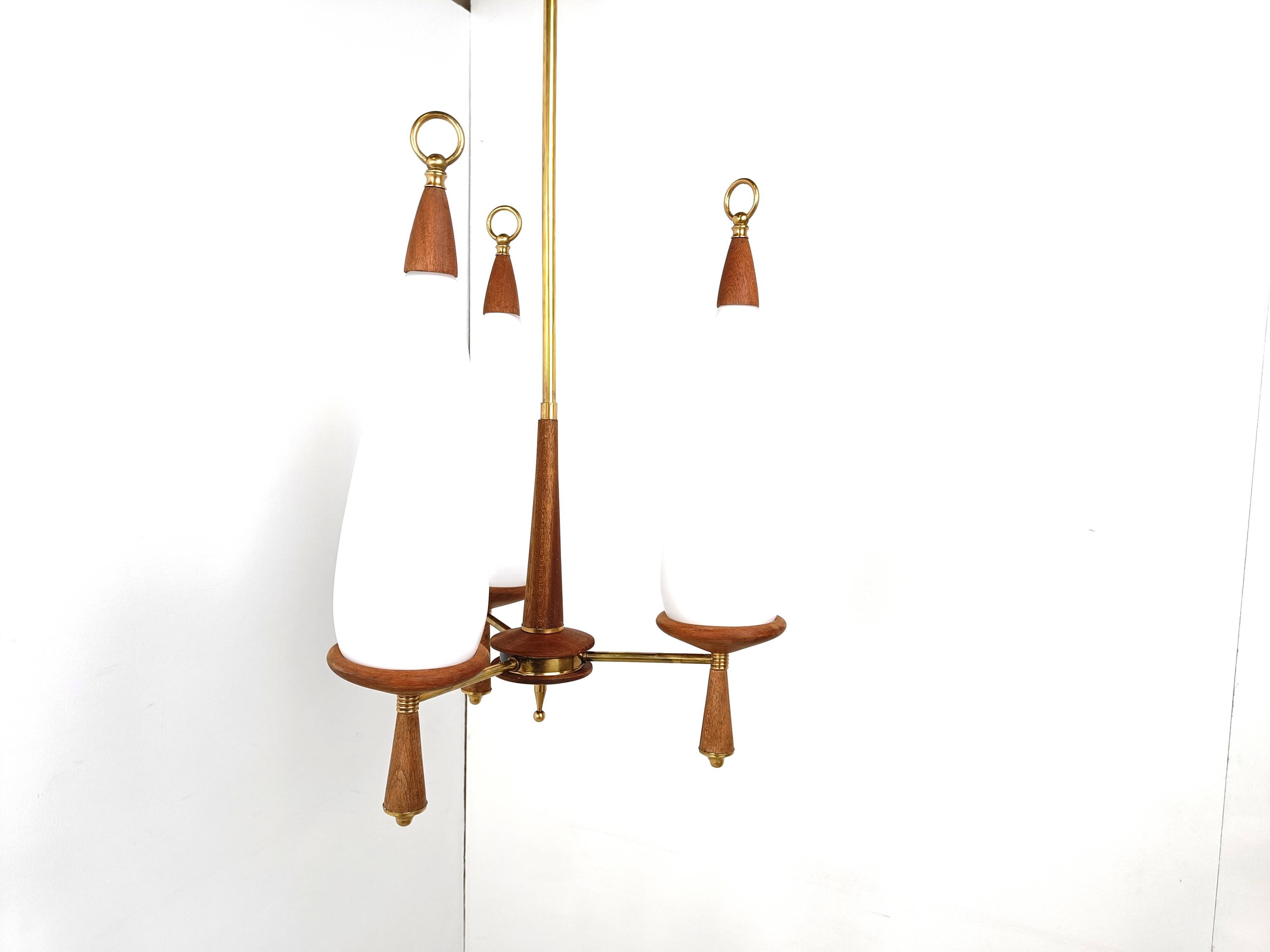 Vintage teak chandelier with white glass shades, 1960s