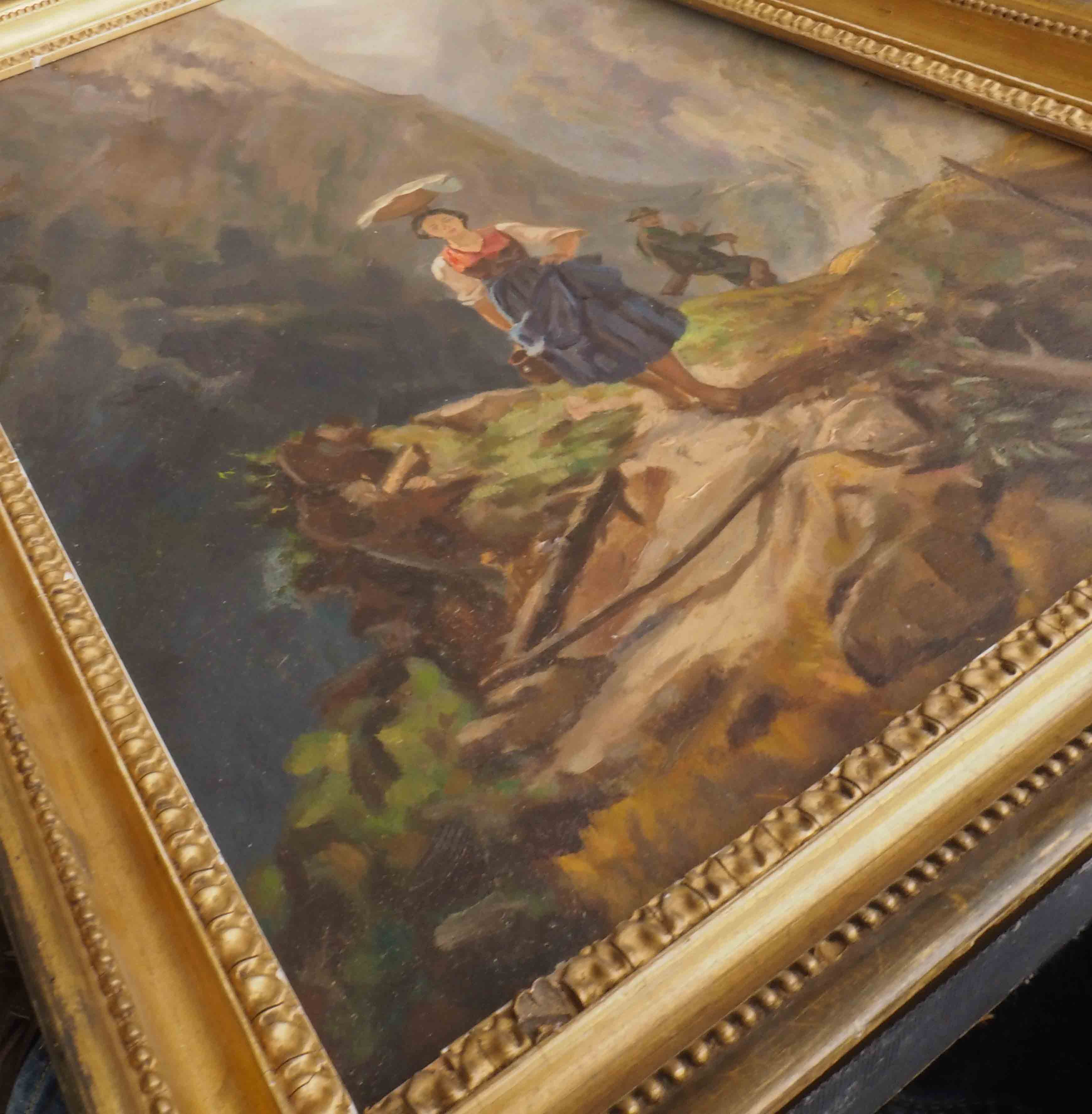 Tableau Scène de montagne avec personnages chasseur porteuse d'eau XIX°