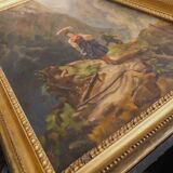 Painting Mountain scene with characters hunter carrying water XIX°