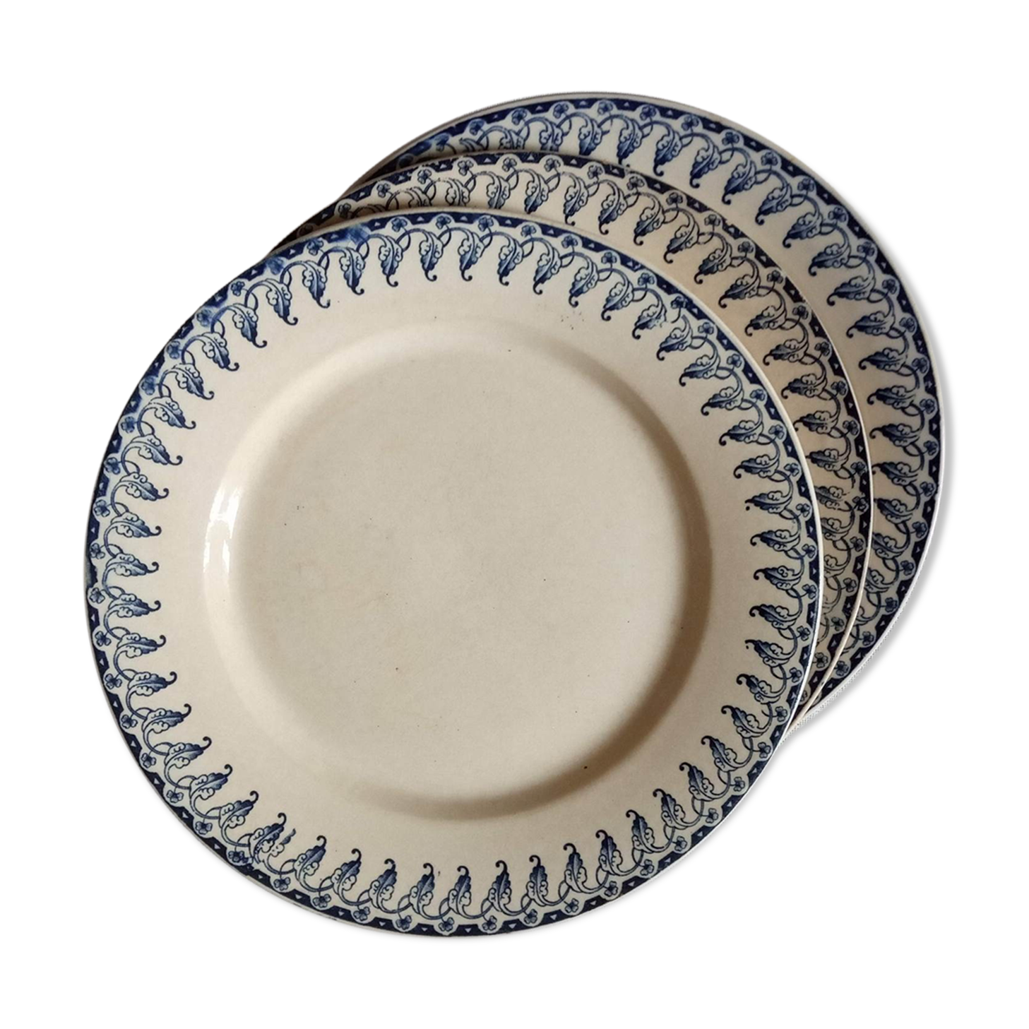 3 old flat plates, Gien, Vezelay blue décor