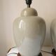 Pair of celadon crackle ceramic lamp bases decorated with flowers.