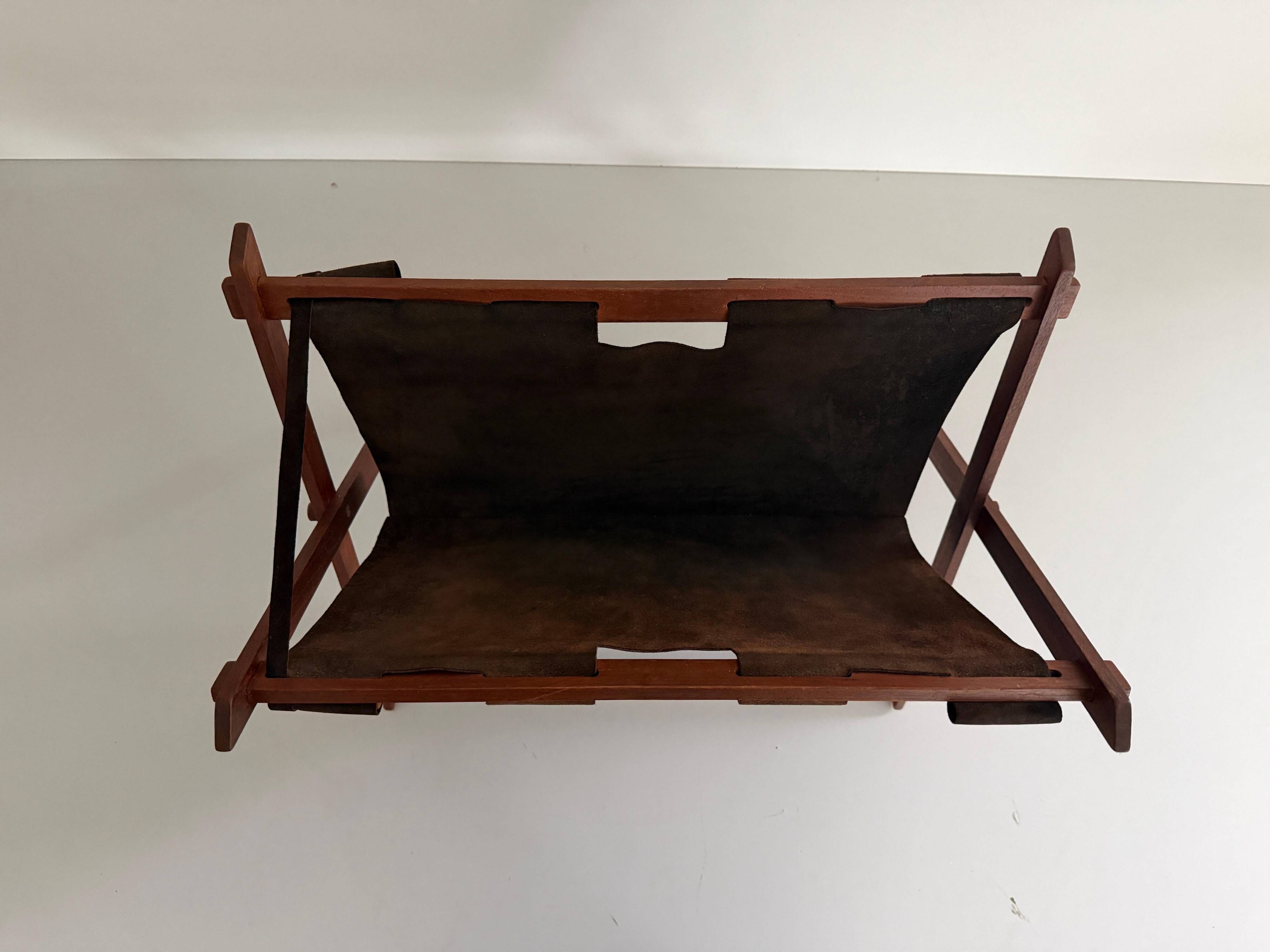 Support stand for mid-century teak and suede magazines and newspapers, 1960, Germany.