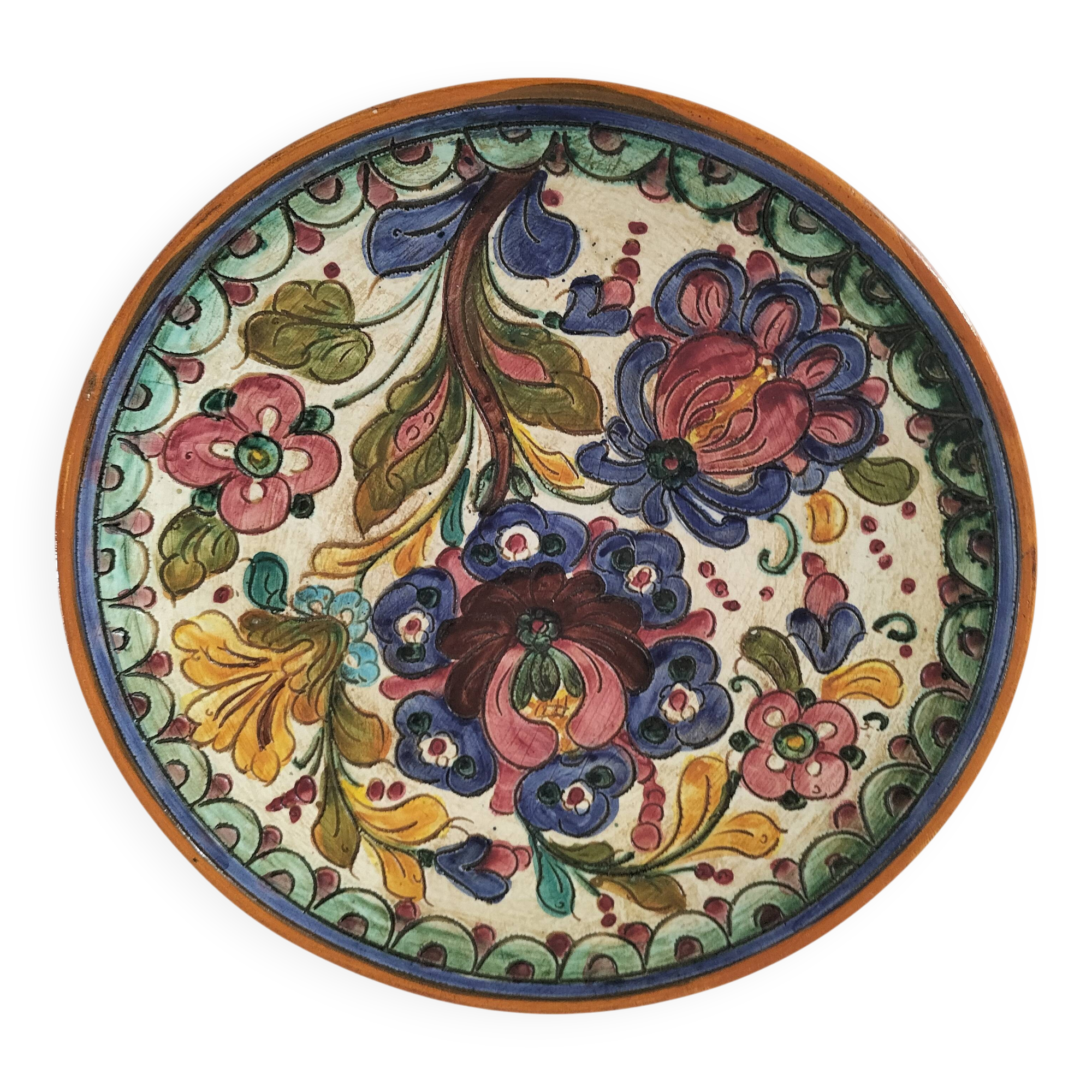 Spanish earthenware plate, hand-painted floral decoration.