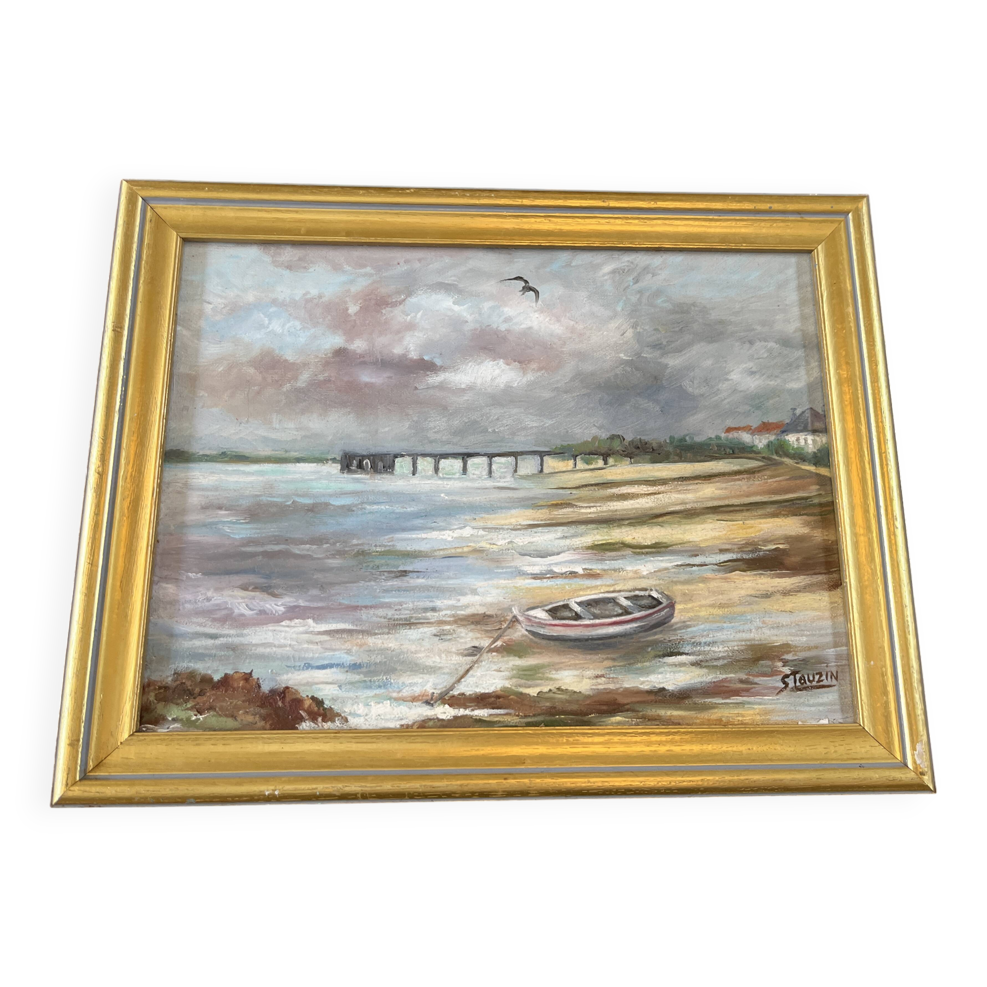Maritime landscape painting with boat, signed Stauzin