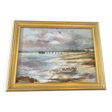 Maritime landscape painting with boat, signed Stauzin