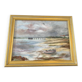 Tableau paysage maritime avec barque, signé Stauzin