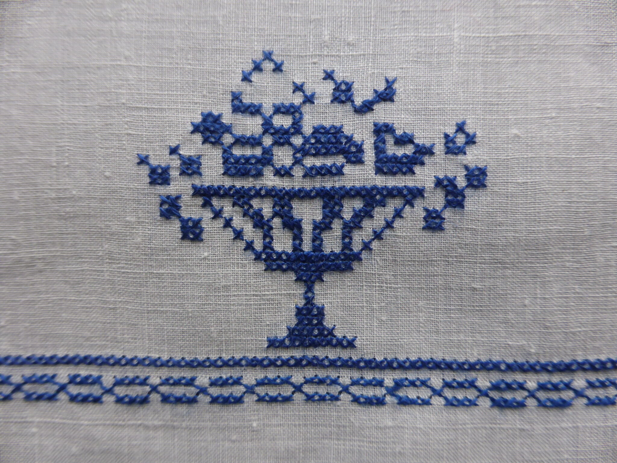 Old linen yarn case embroidered in blue with fruit baskets-6 Tray fund
