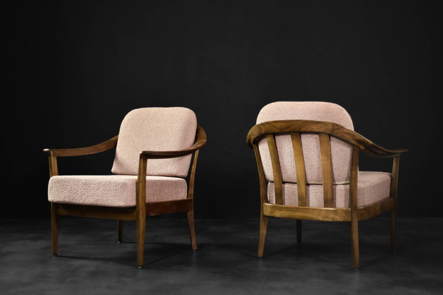 Pair of Mid-Century German Elegant Cherry Wood and Dusty Pink Fabric Armchairs