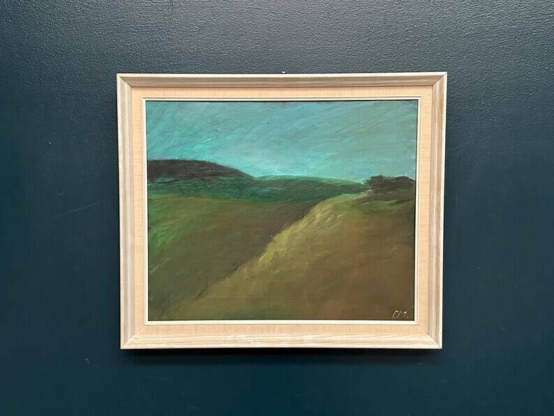 Huile sur toile originale suédoise – "Paysage" par Dina Mortensen – Signé DM – Vintage et encadré – 53 × 45,5 cm (20,9" × 17,9")