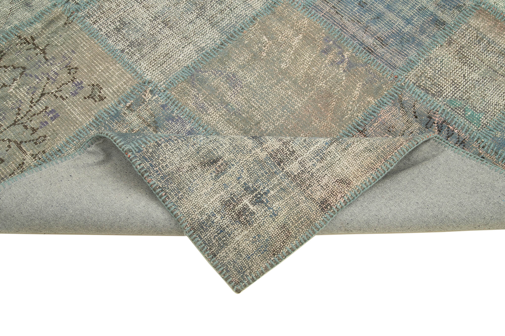 Hand-knotted turkish vintage 175 cm x 244 cm blue patchwork carpet