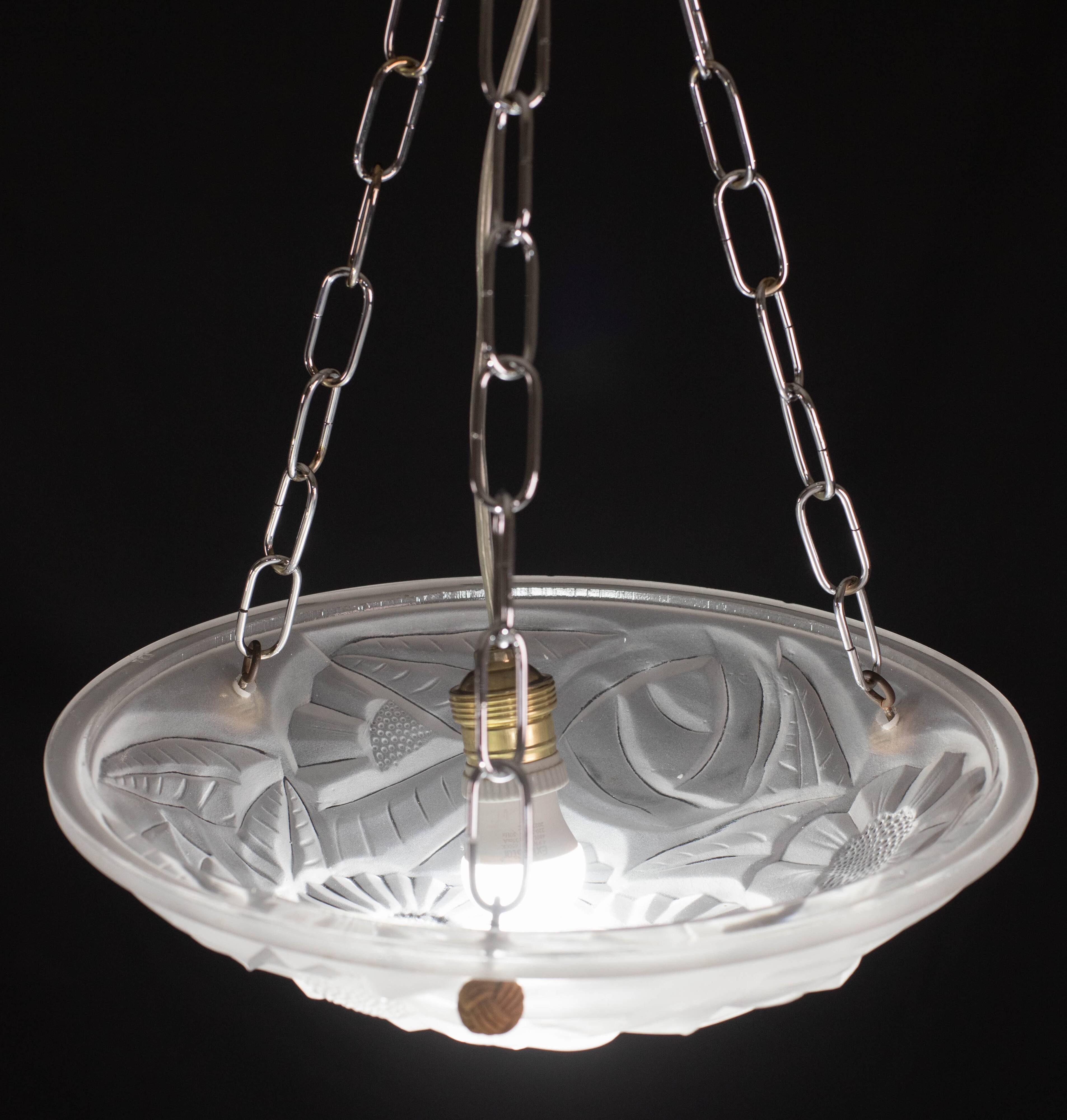 Art Deco Top Quality Pendant Light Floral decorations, Signed Degué