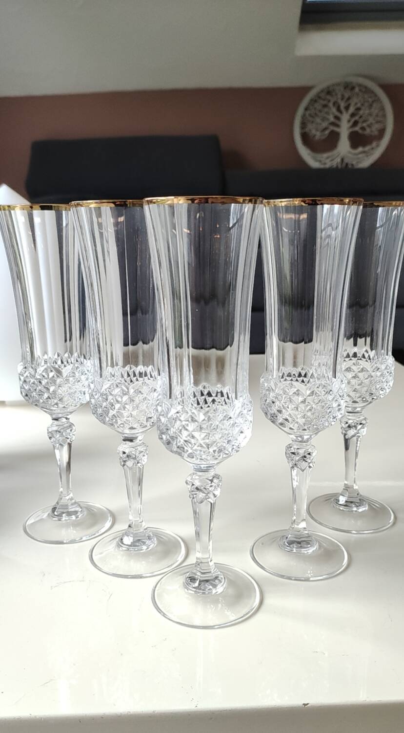 Lot of 5 x Large Champagne Flutes Valencay Gold/Cristal d'Arques