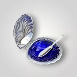 Vintage shell butter dish in stainless steel and cobalt blue glass with knife