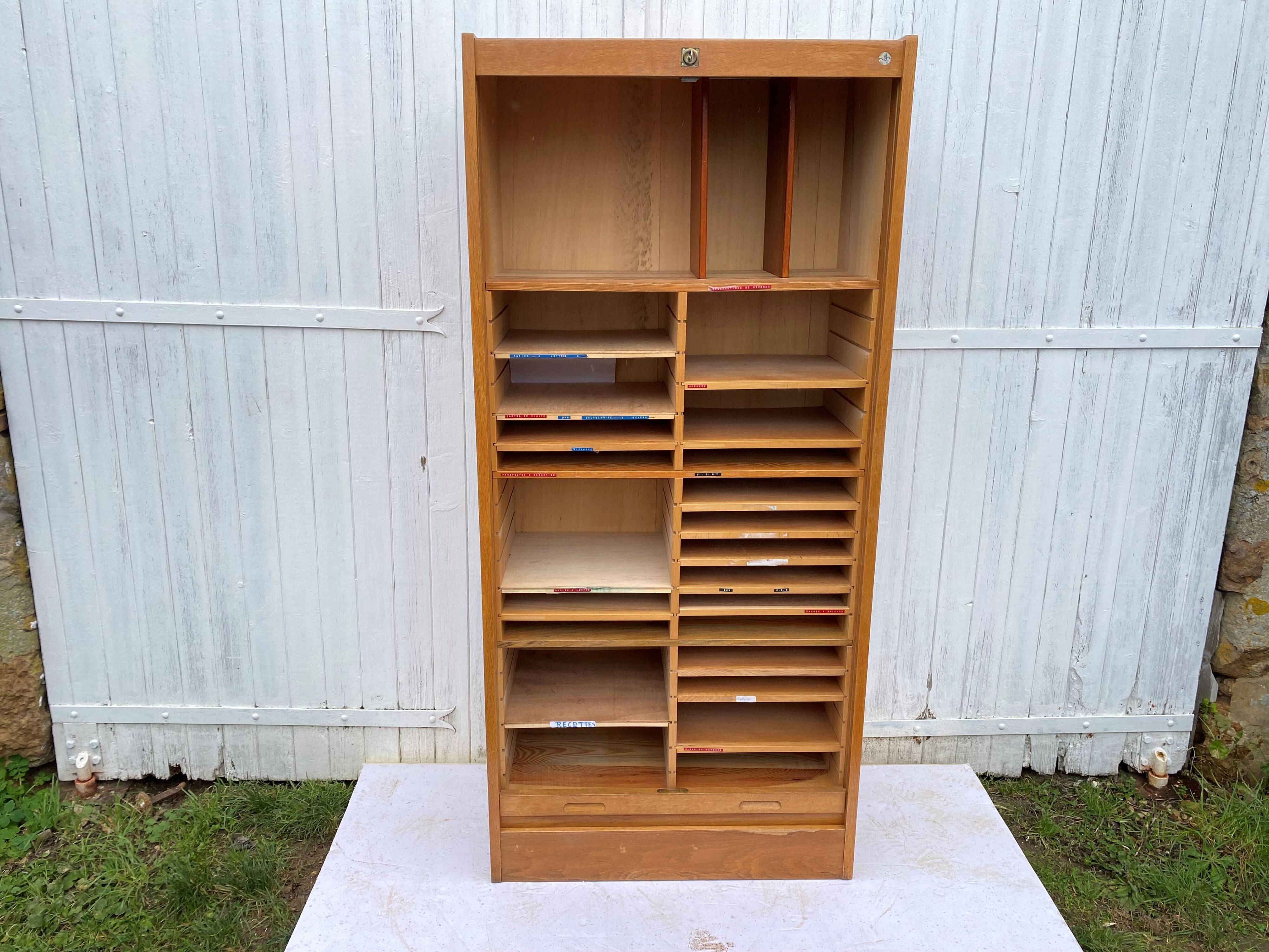 Double column curtained filing cabinet in oak, 1960