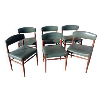 Set of 6 Scandinavian chairs in teak with olive green faux leather.