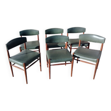 Set of 6 Scandinavian teak chairs with olive green faux leather.