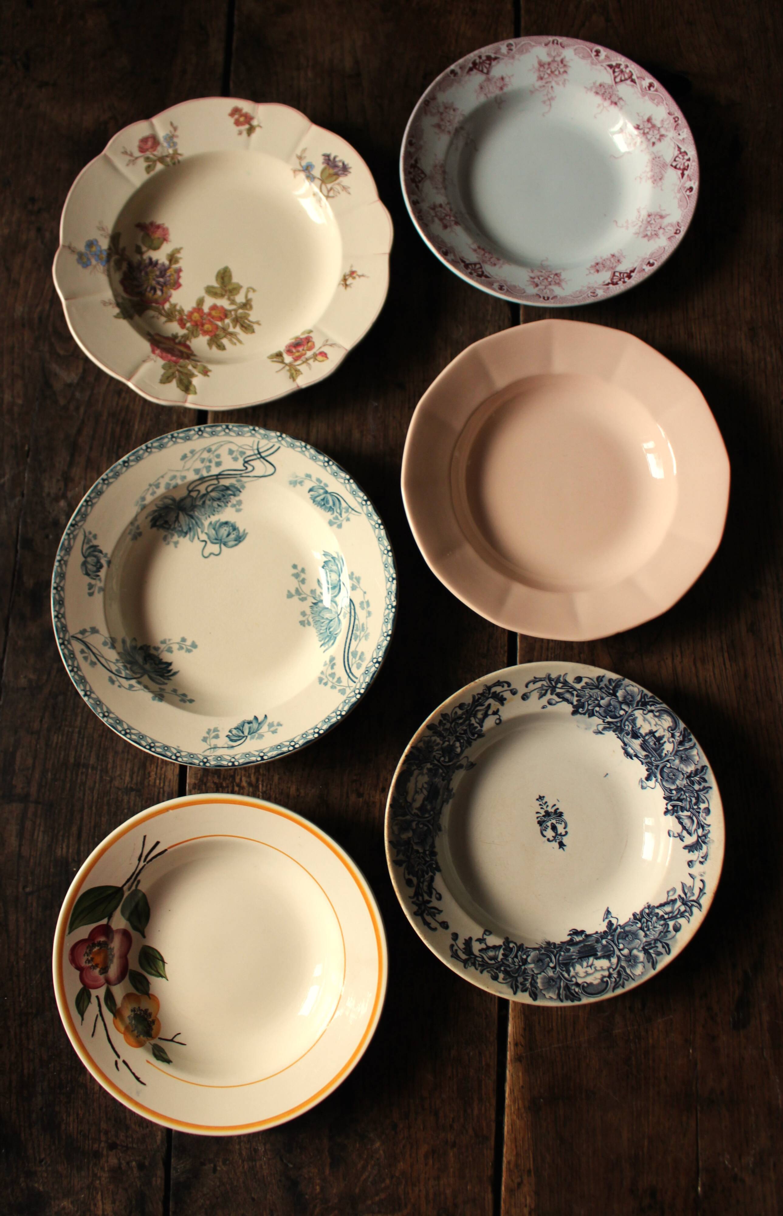 6 mismatched Terre de Fer soup plates from Digoin Sarreguemines