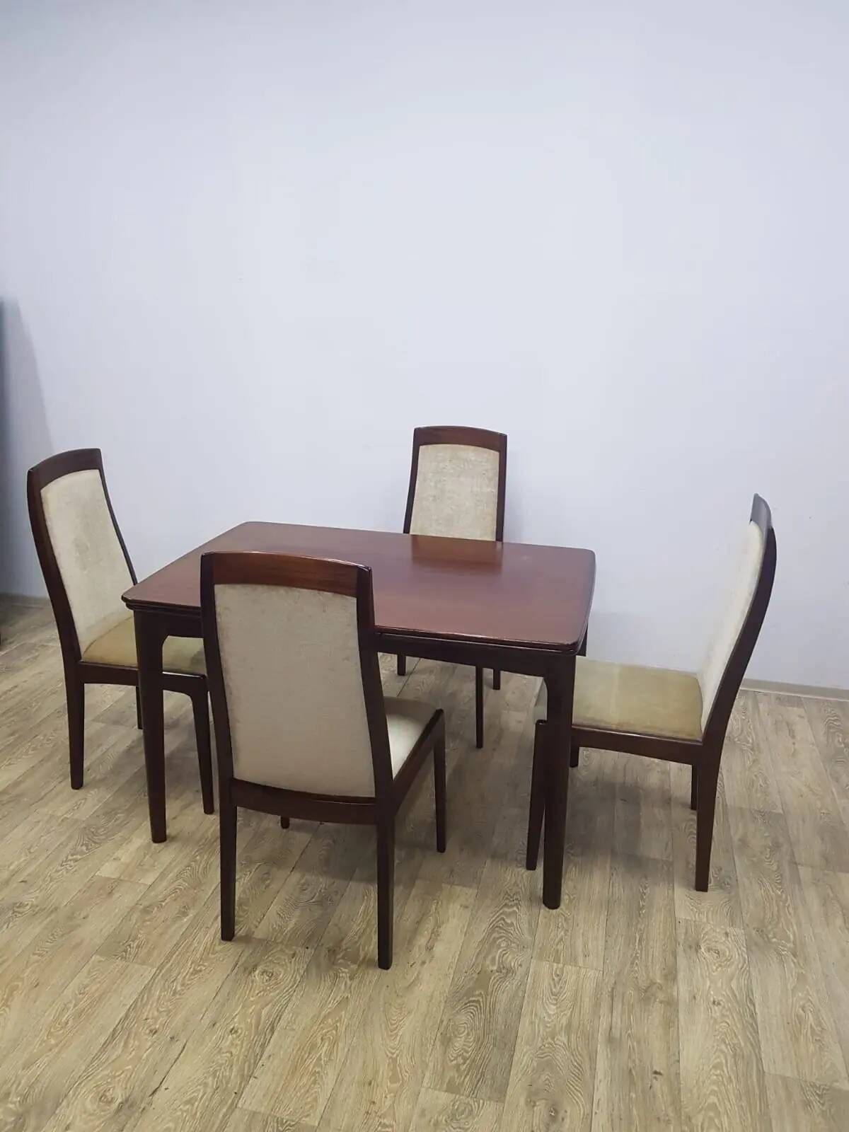Table and four chairs set, brown wood, beige fabric, Denmark, 1970s.