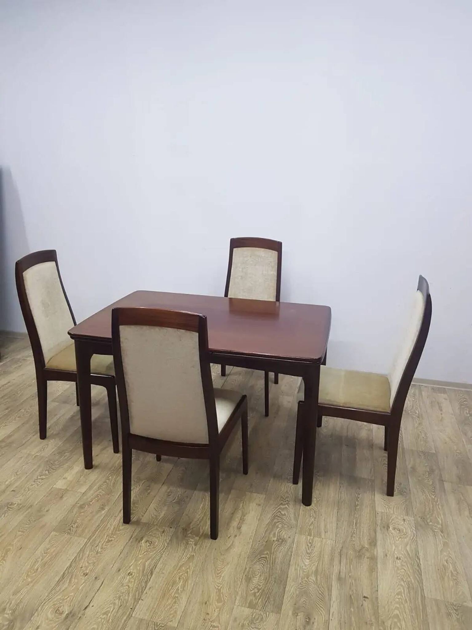 Table and four chairs set, brown wood, beige fabric, Denmark, 1970s.
