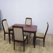 Table and four chairs set, brown wood, beige fabric, Denmark, 1970s.