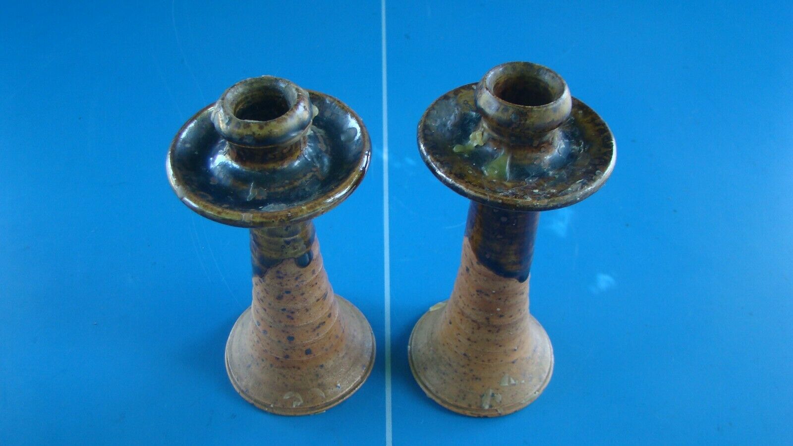 Pair of corsican sandstone candlesticks varnished Truchon Oletta stamped