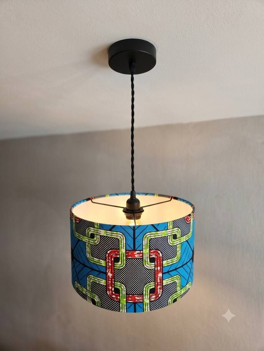 XL lampshade/suspension with printed ethnic graphic wax