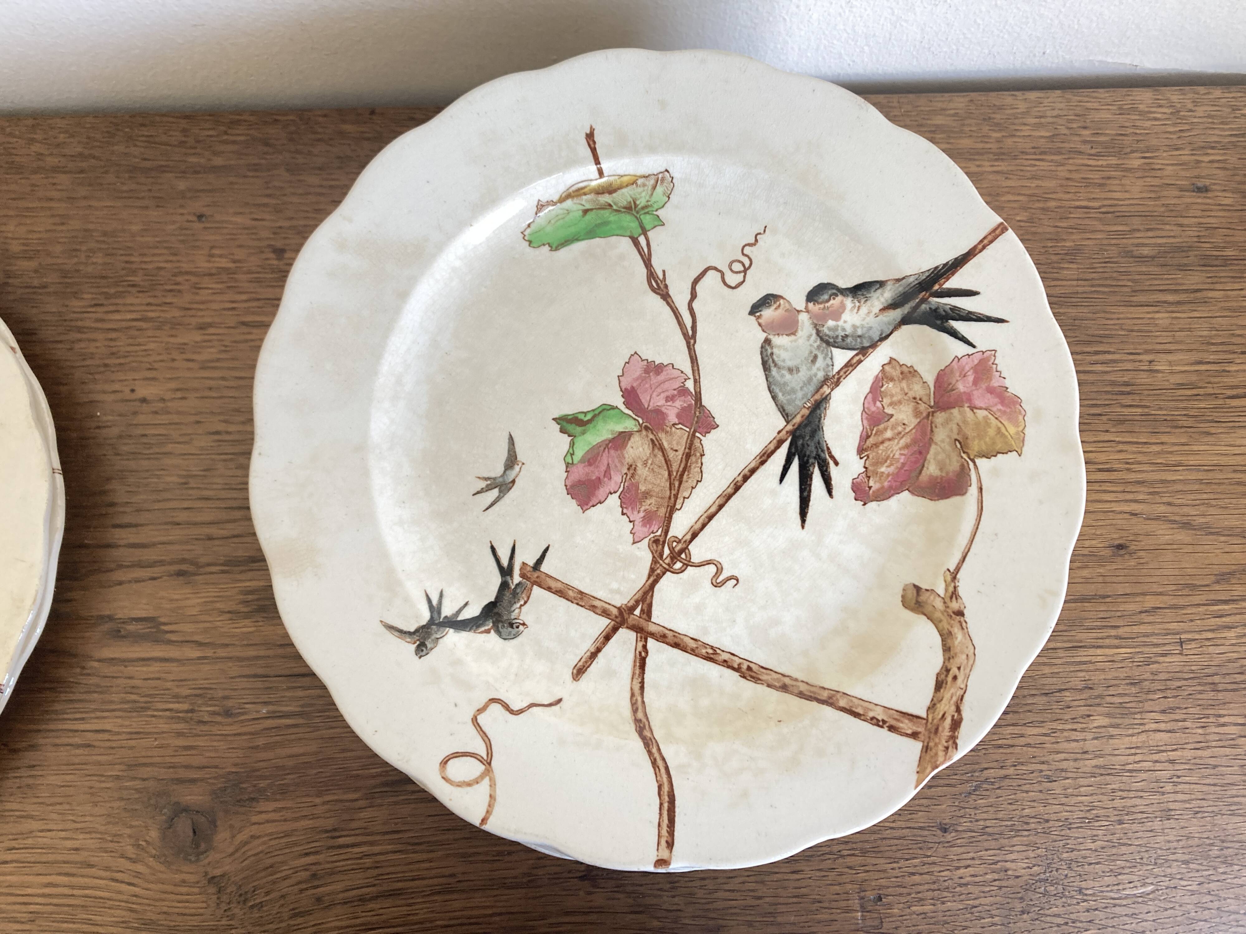 set de 12 assiettes polychrome 1850 ondulées Brownfield England oiseaux