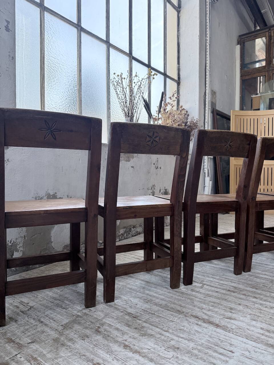 Set of 4 Savoyard pine folk art chairs from the 1950s.