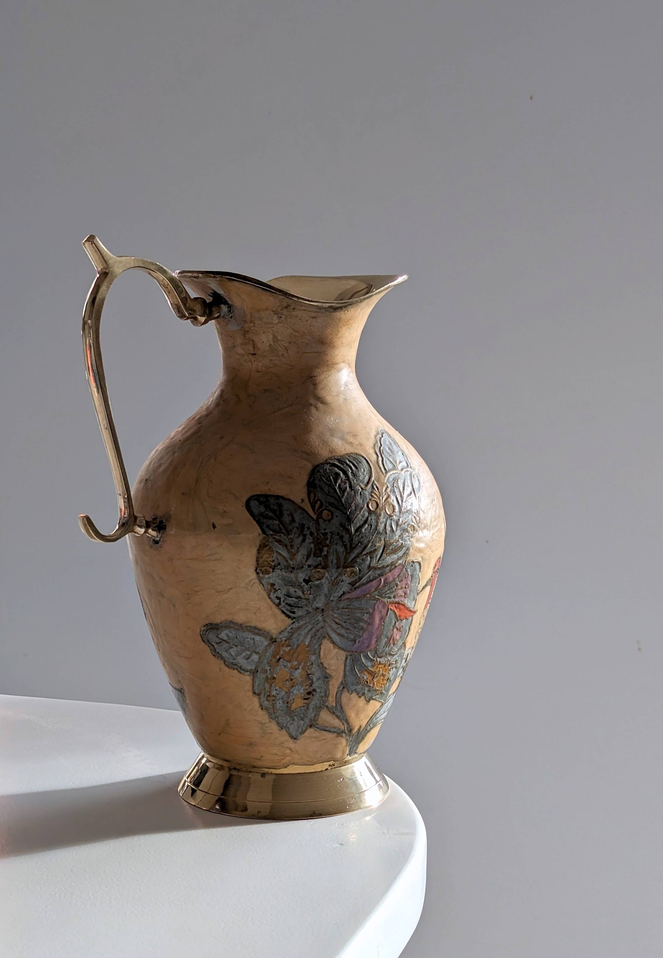 Pitcher, Hand painted brass jug