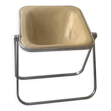 Fauteuil Plona Cuir beige & chrome par G.Piretti pour A.Castelli, design 70
