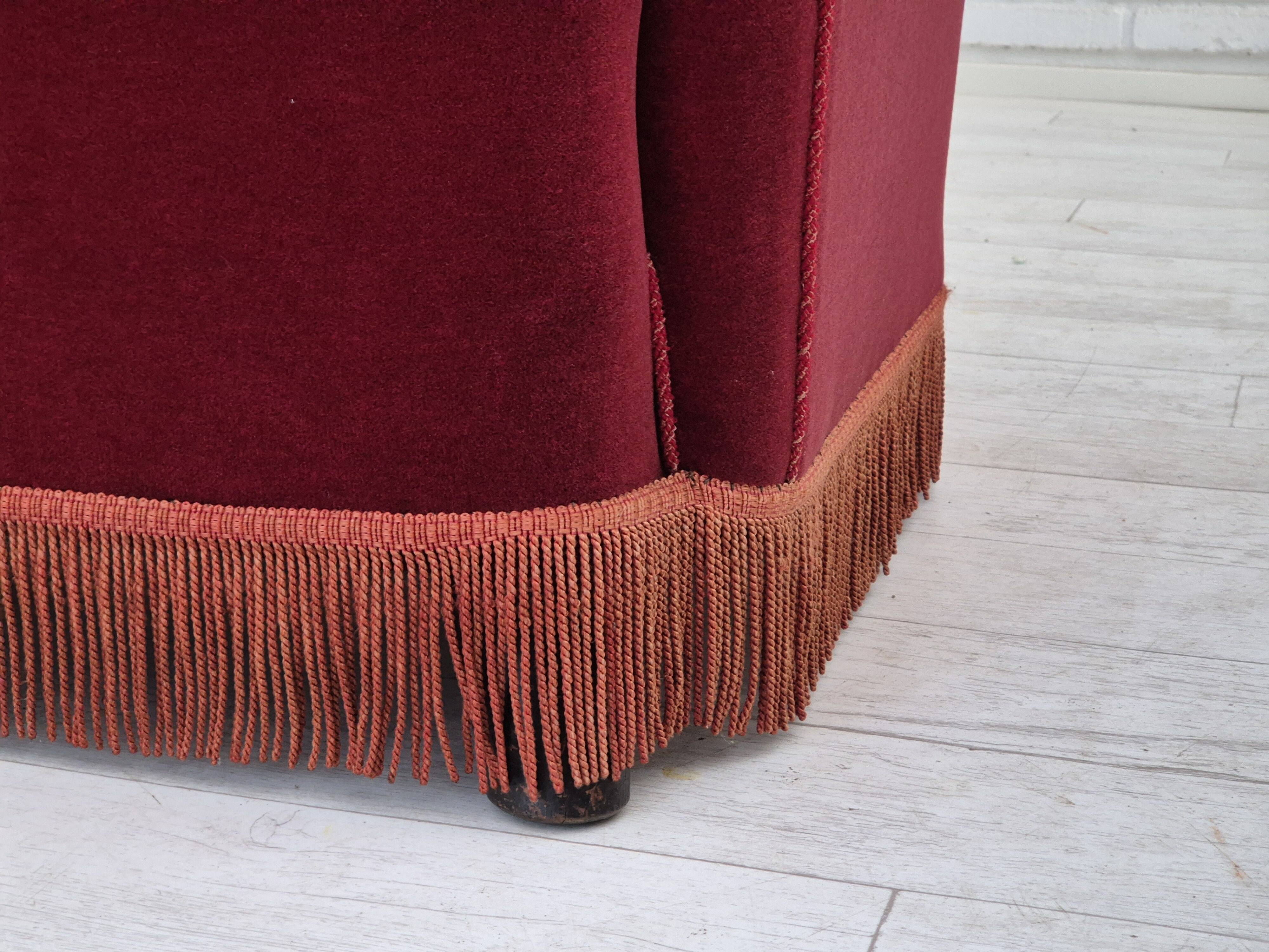 1960s, Danish 3 seater sofa, original condition, cherry-red furniture velour.