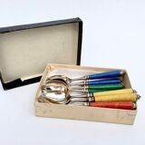 Set of eight enamelled silver spoons