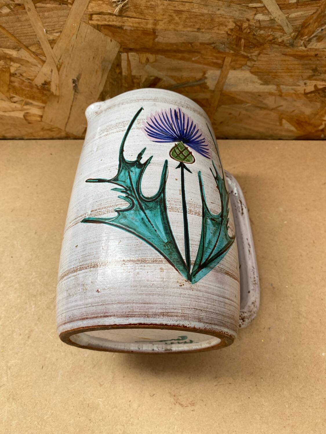 Antique vallauris ceramic pitcher with vintage blue thistle decor