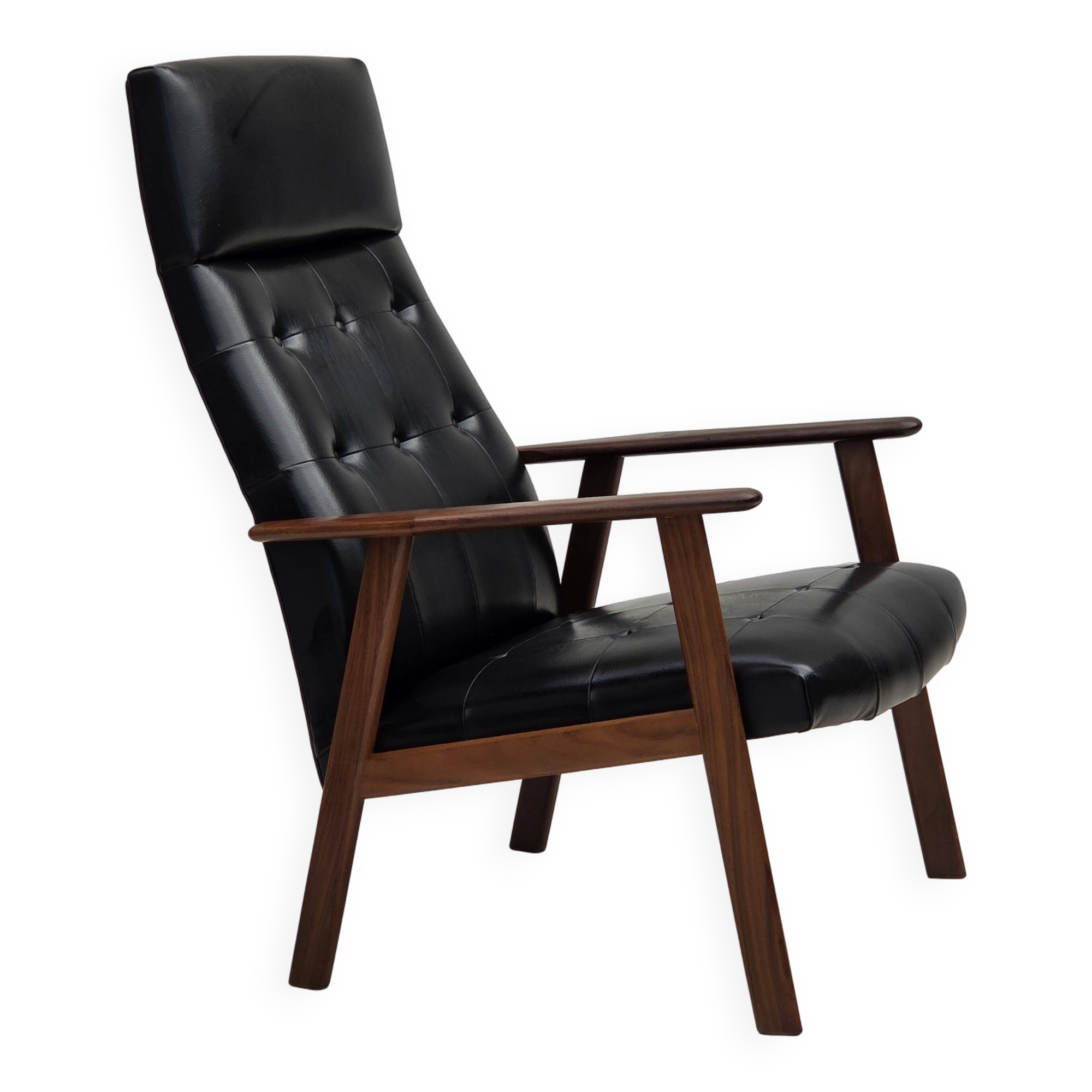 1970s, Danish armchair, black artificial leather, teak wood.