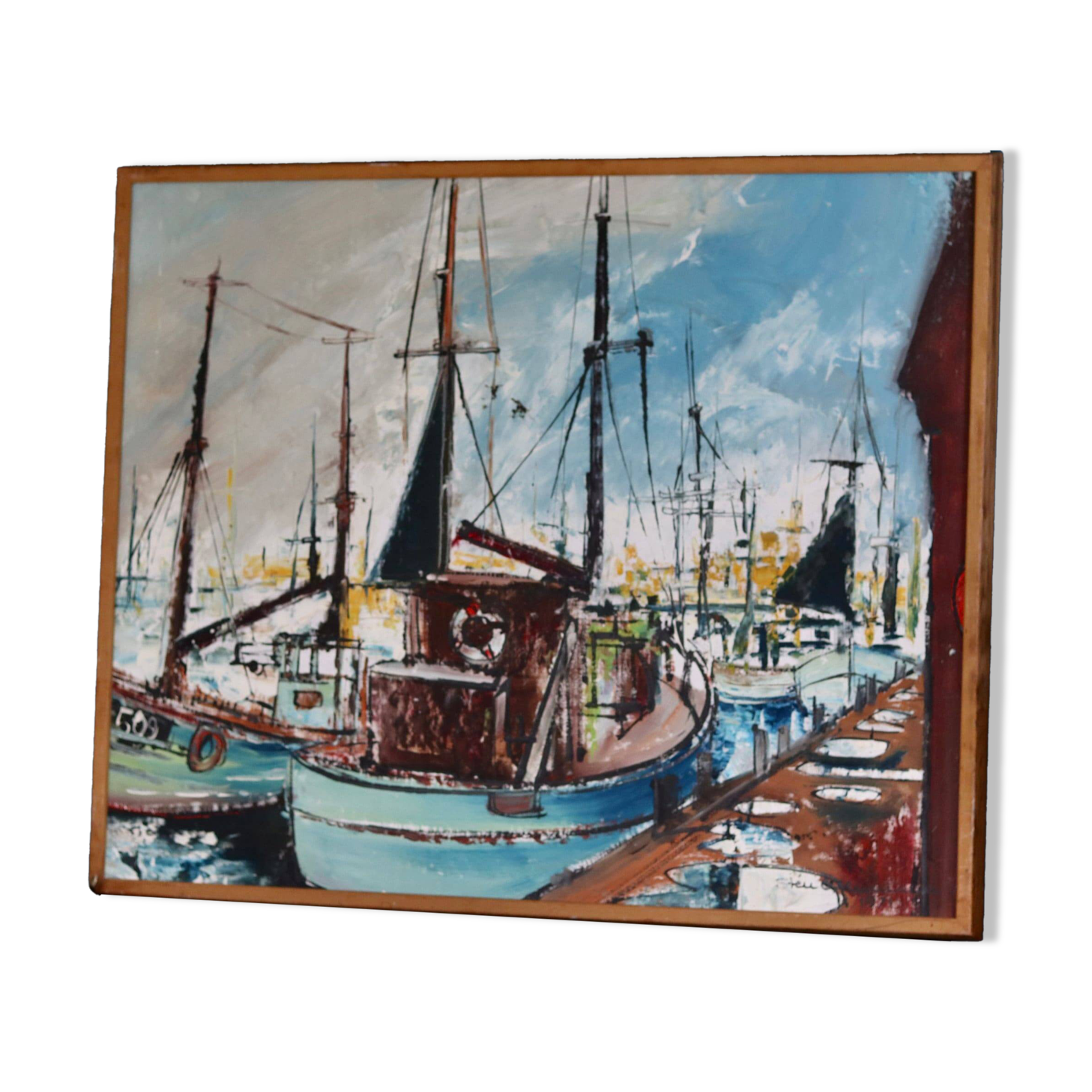 Original Swedish oil on canvas from the mid-century "Marina" by Steu (1971) - Framed