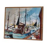 Huile sur toile originale suédoise du milieu du siècle « Marina » de Steu (1971) - Encadrée