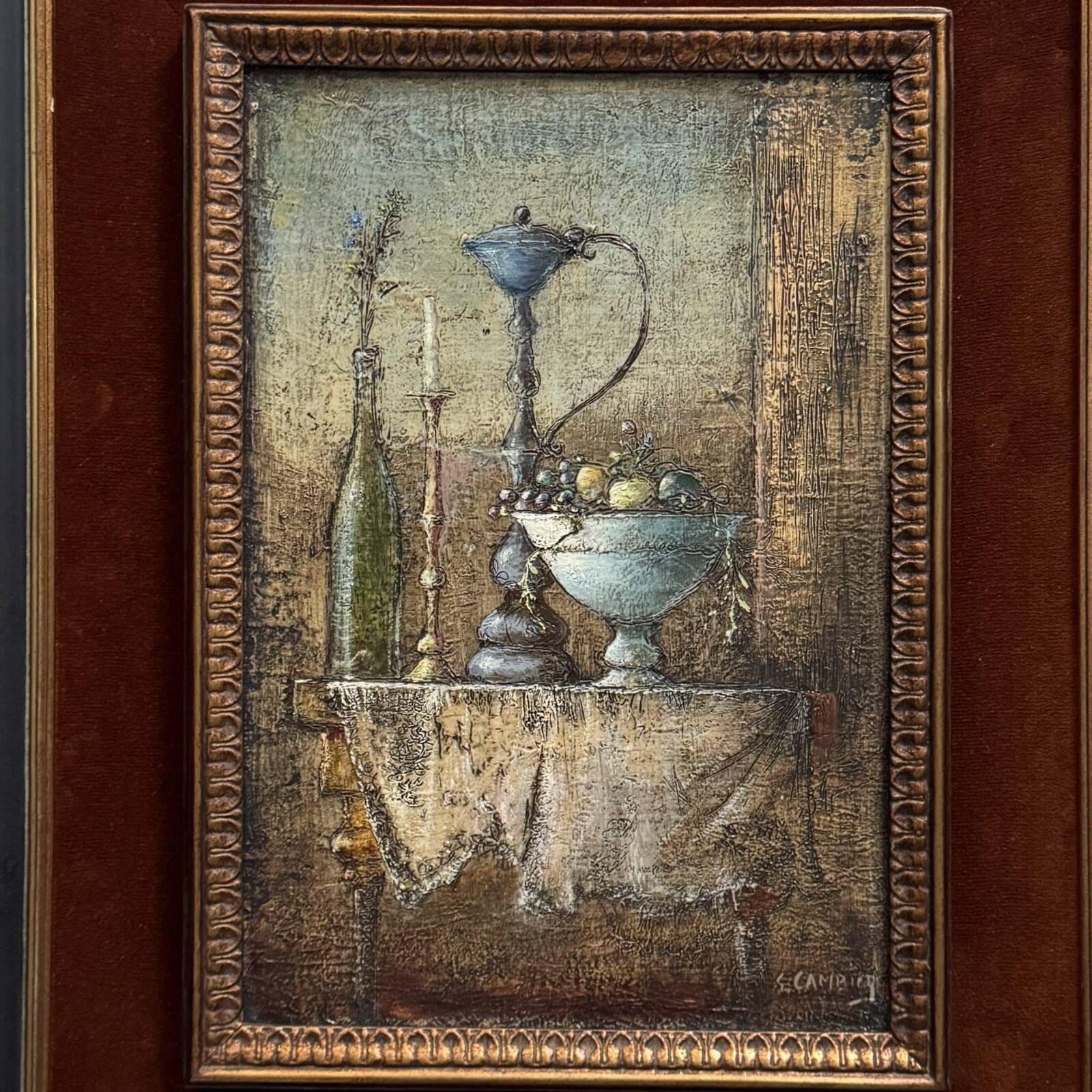 Oil on canvas still life with fruits, 20th century by Cambicq.