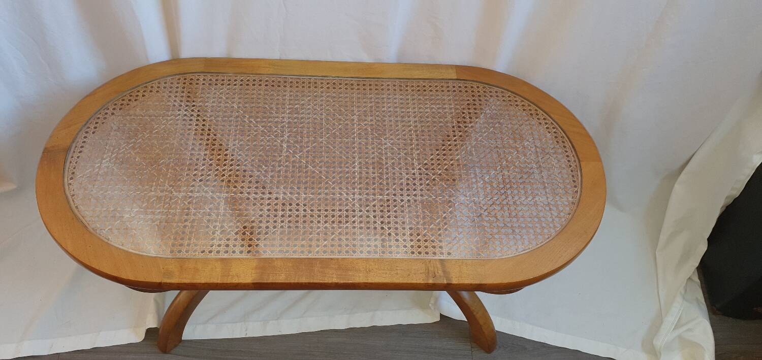 Coffee table from Réunion Island, tamarind wood and rattan.