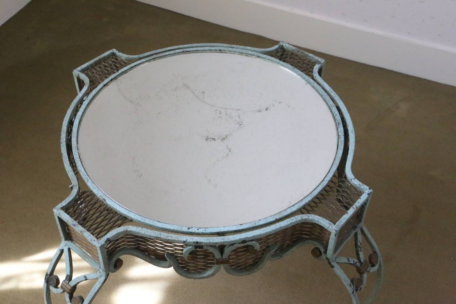 Wrought iron pedestal table mirror top 1930
