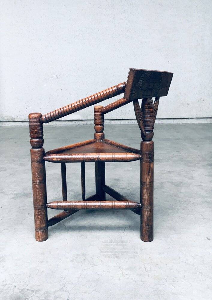 Brutalist Carved Oak Tripod Monk Chair, Sweden, 1930s