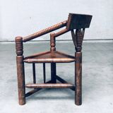 Brutalist Carved Oak Tripod Monk Chair, Sweden, 1930s