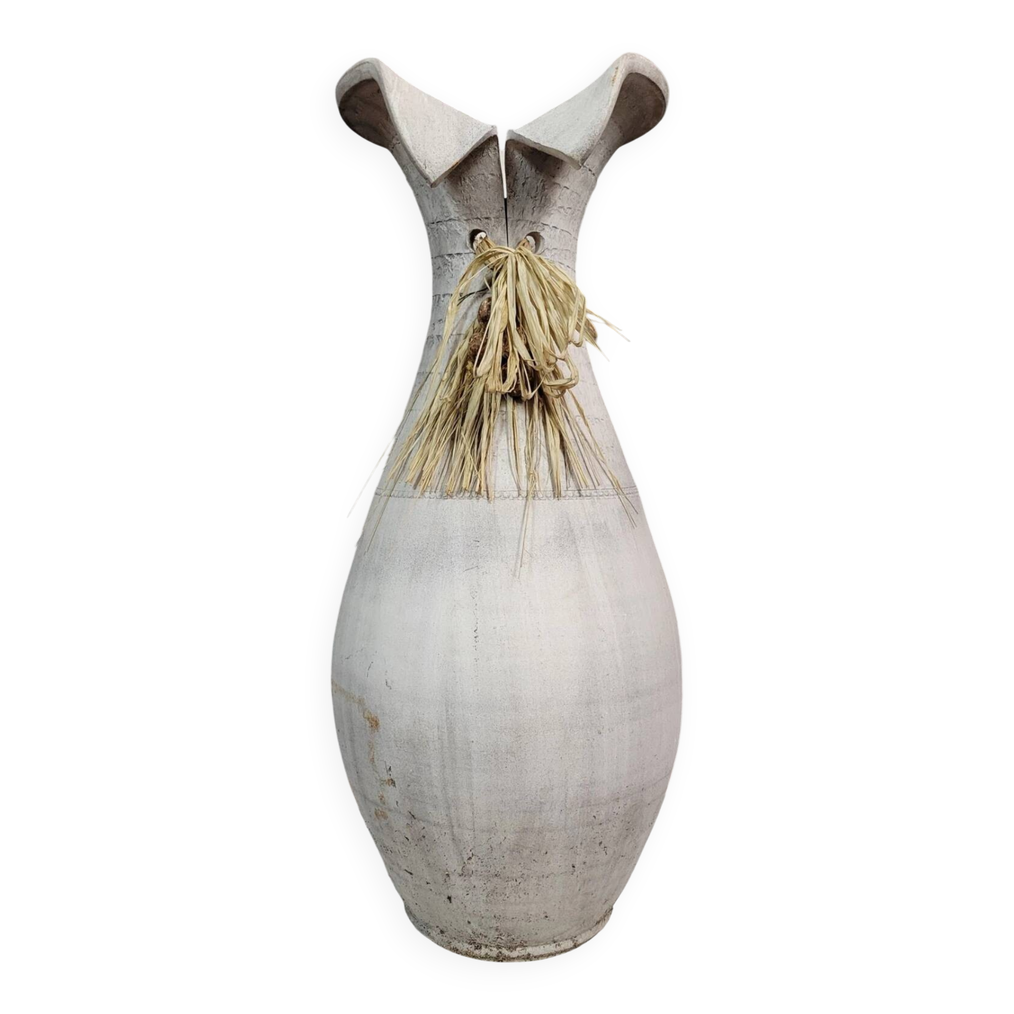 Vintage whitewashed pottery and wicker vase circa 1980