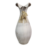 Vintage whitewashed pottery and wicker vase circa 1980